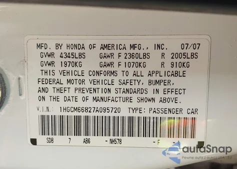 2007 Honda Accord 3.0 Ex z USA, uszkodzony, nr VIN 1HGCM66827A095720